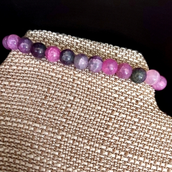 Purple and Pink Marbled Glass Bead Stretch Bracelet - Picture 3 of 4